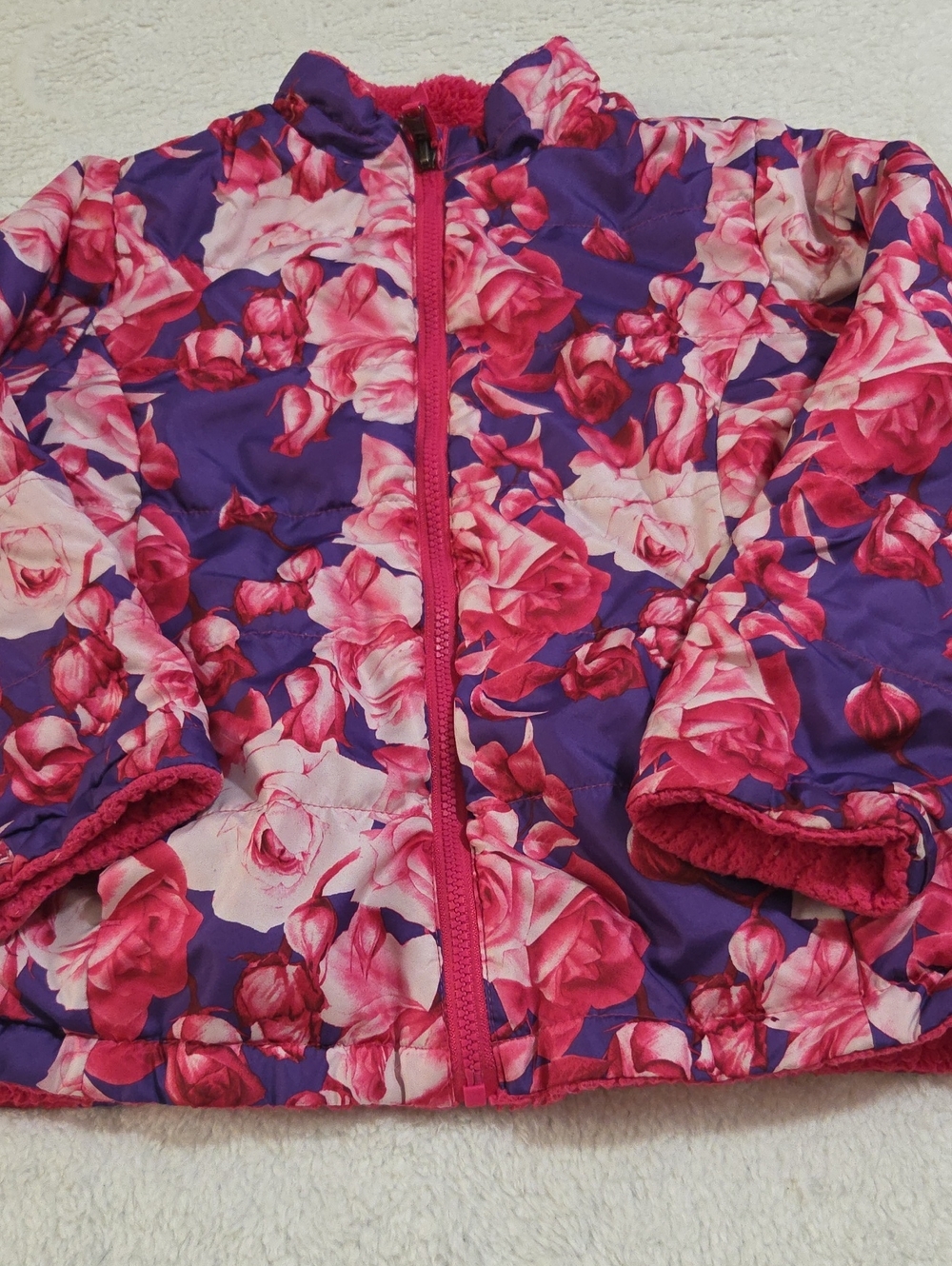 PINK AND PURPLE ROSE PRINT PUFFER JACKET